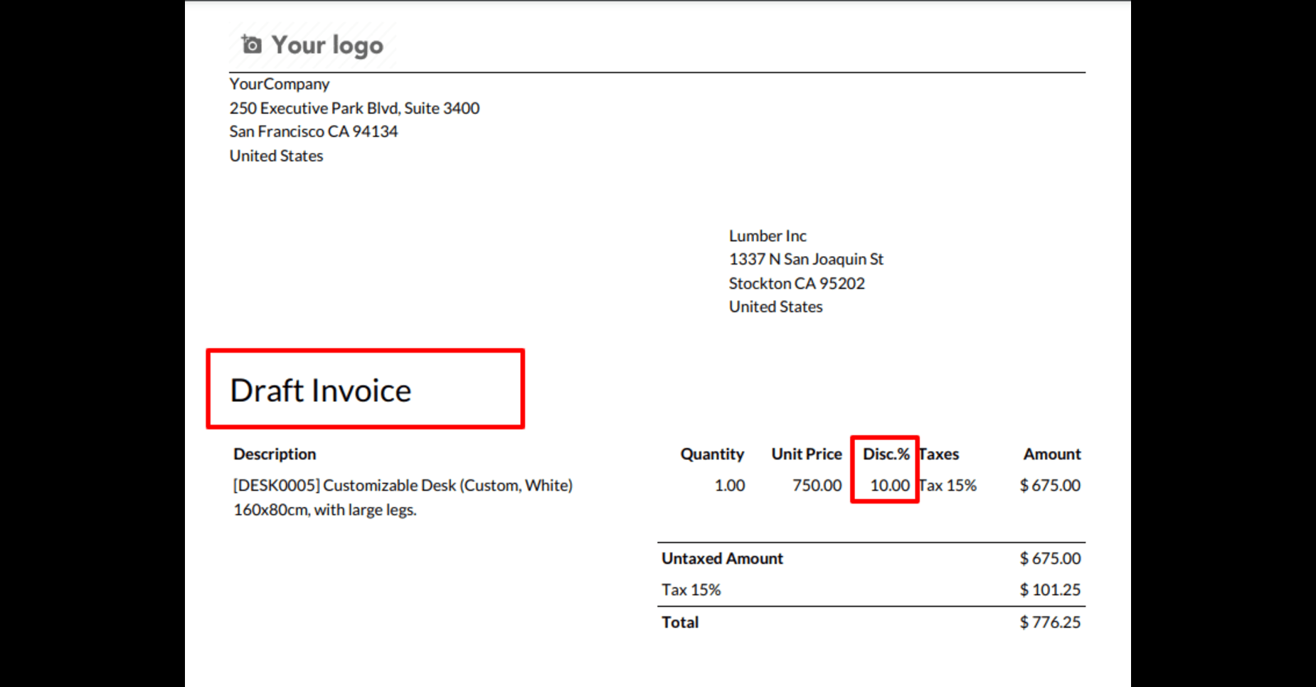 Draft Invoice with Discount Percentage Screenshot