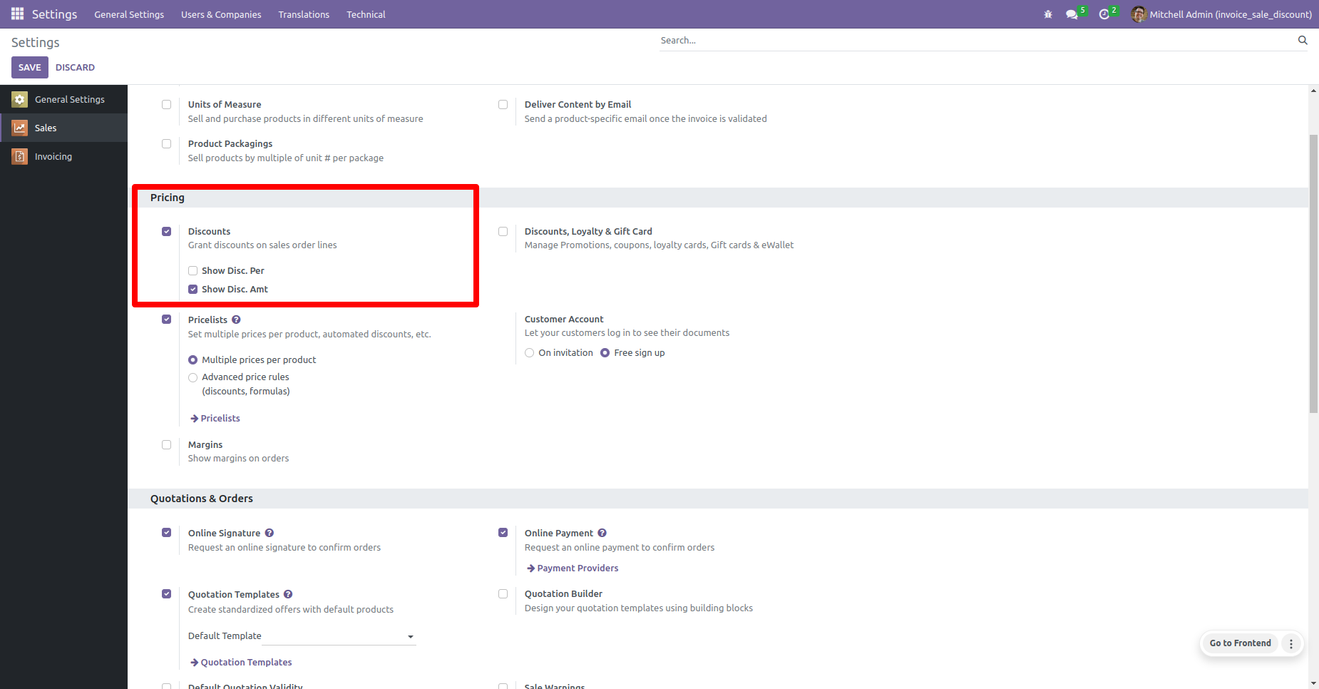 Settings for Discounts in Sales Module with Error Highlighted Screenshot