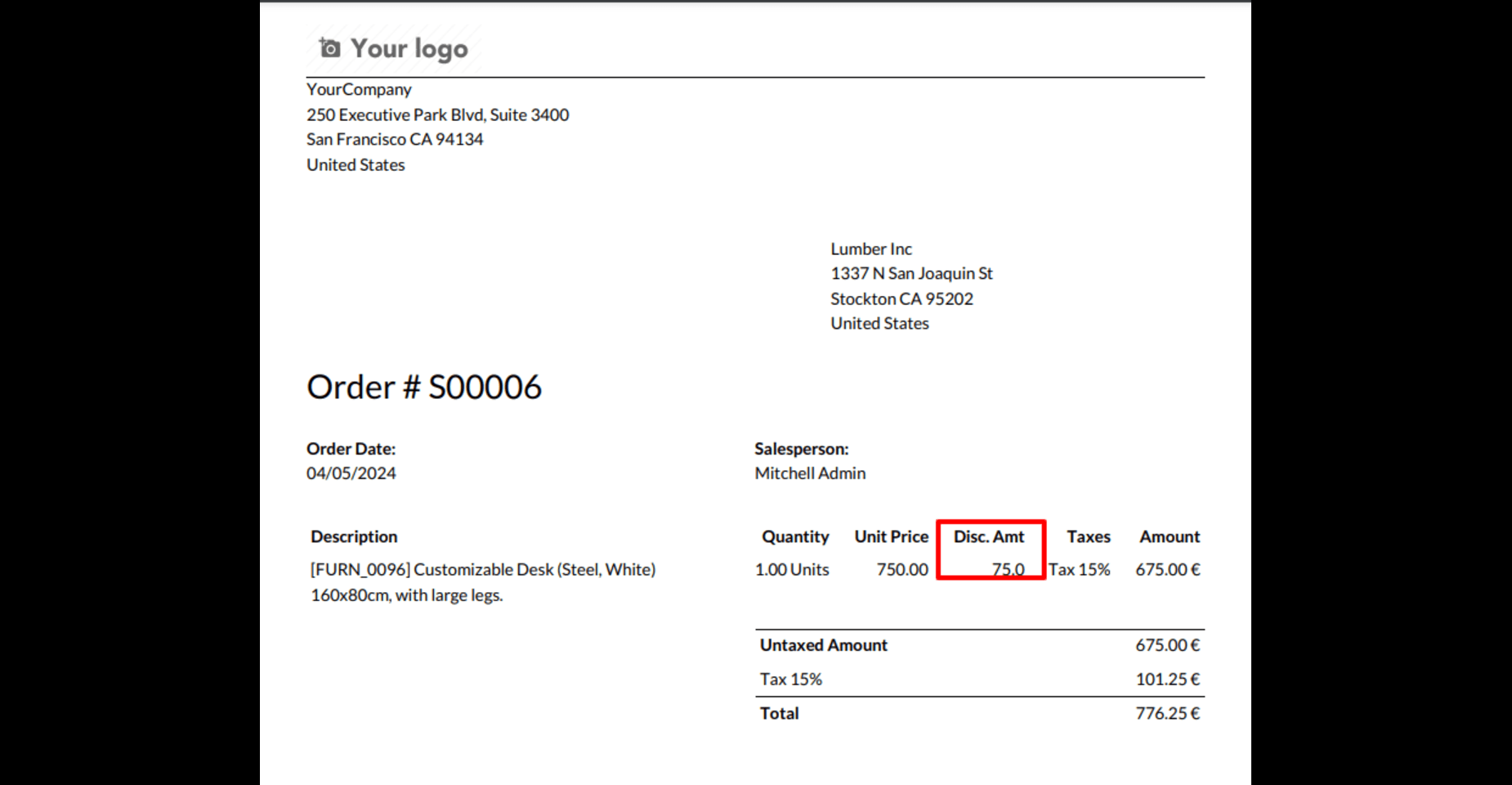 Sales Order with Discount Amount Screenshot