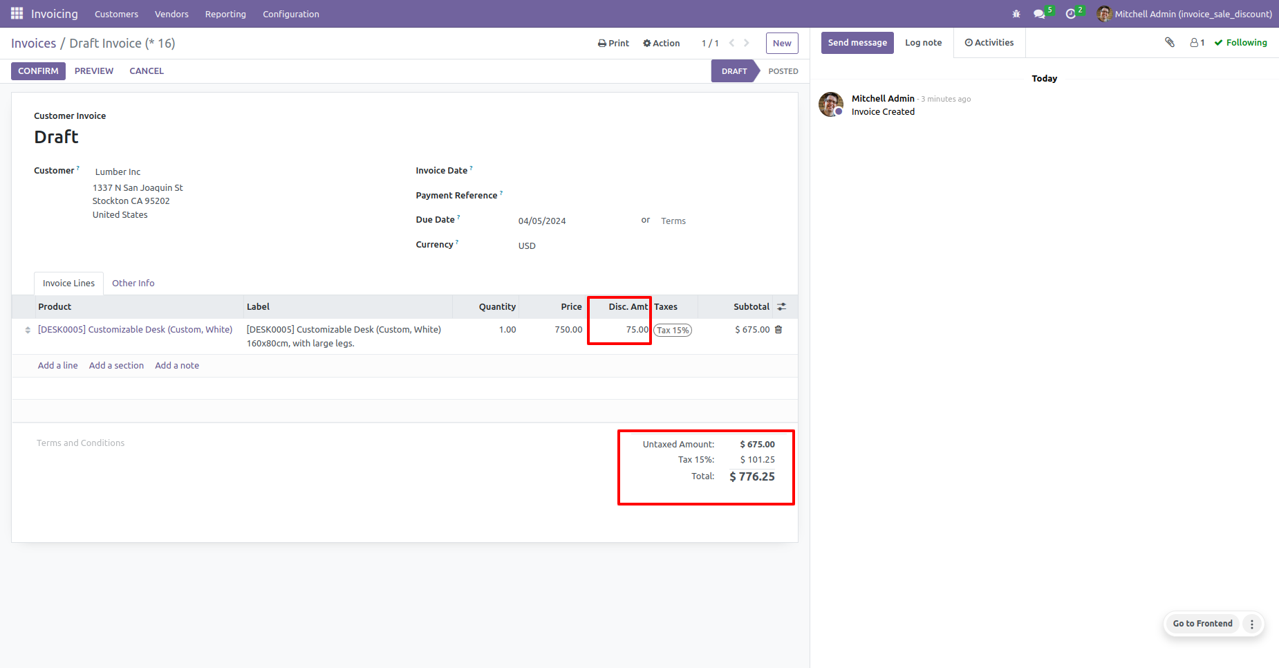 Draft Invoice Showing Discount Amount Screenshot