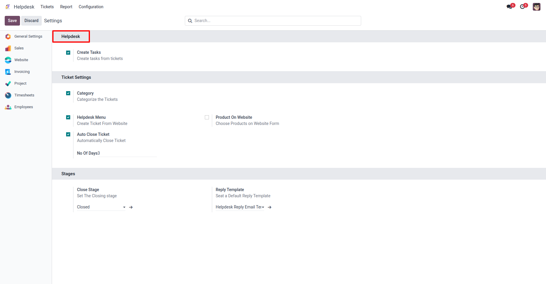 Website helpdesk configuration