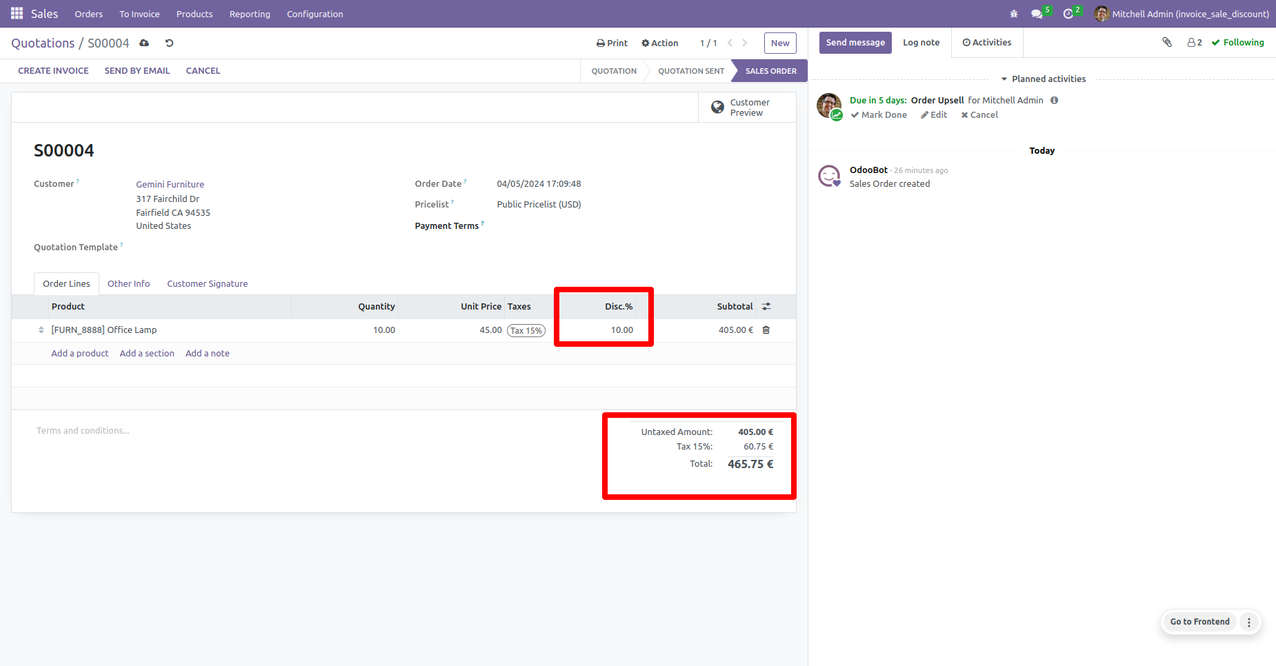 Sales Quotation Showing Discount Percentage Screenshot