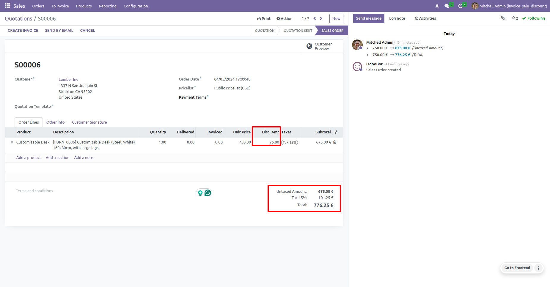 Sales Quotation Showing Discount Amount Screenshot